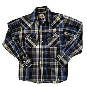 Ely Cattleman Shirt youth Boys Size Small Pearl Snap Blue Plaid‎ Western Pockets